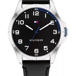 Tommy Hilfiger Men's Black Leather Strap Watch 44mm - Black One Size Fits AllUS